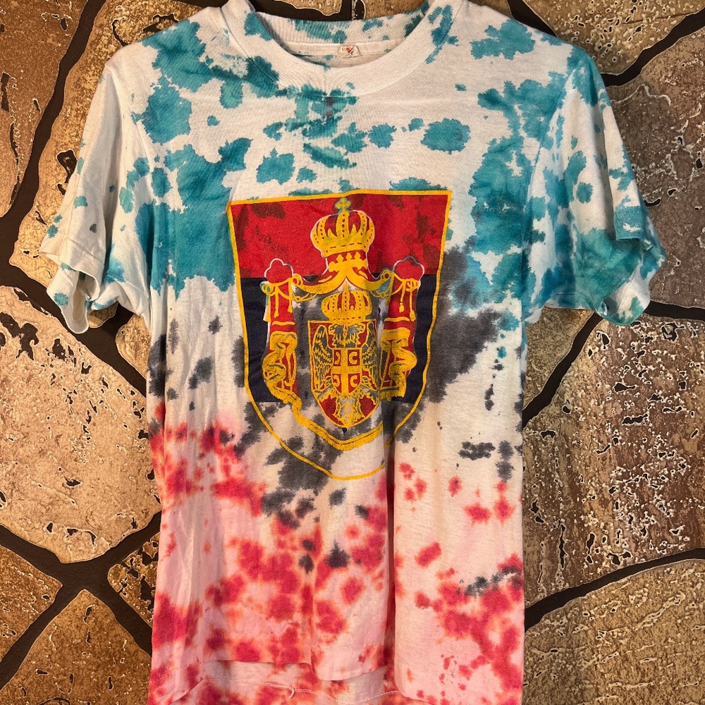 Vintage Hand Tie Dye T shirt with Crest Medium